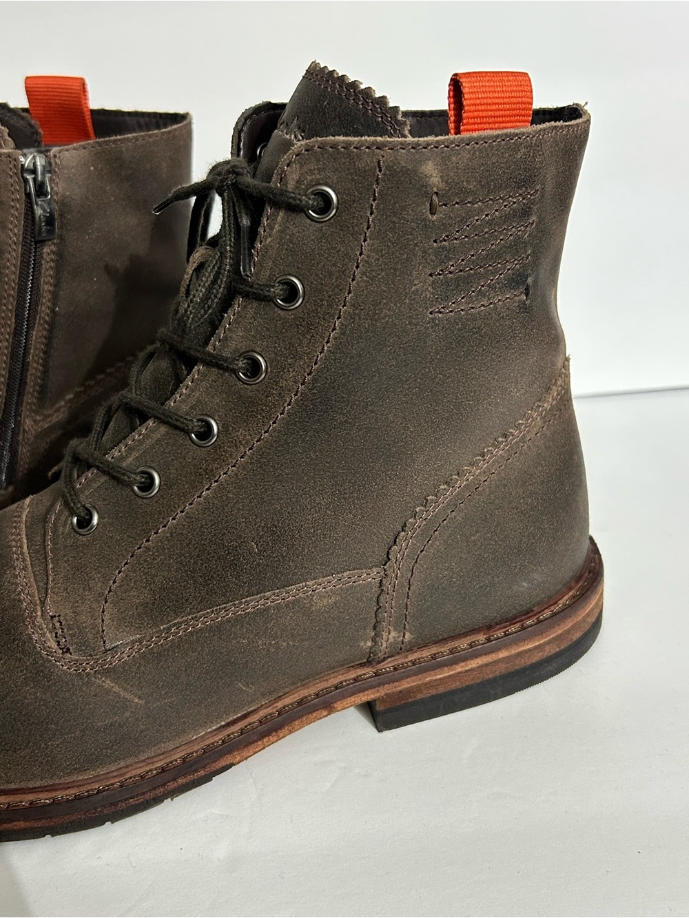 Men's Brown Lace-Up Leather Boots with Orange with Side Zipper by Clark’s